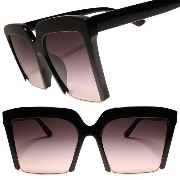 Oversized Semi Rimless Black Square Sunglasses - Picture 1 of 4